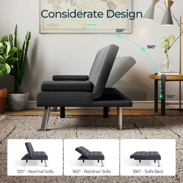 "Linsy Home Convertible Upholstered Faux Leather Futon Couch in Black" 3
