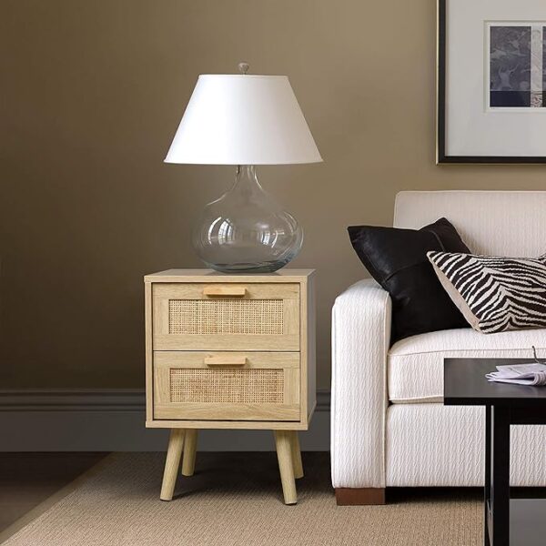 "Finnhomy Nightstand, End Table, Side Table with 2 Handmade Rattan Decorated Drawers - Nightstands Set of 2 - Wood Accent Table with Storage for Bedroom - Natural, 2 Pack" 3