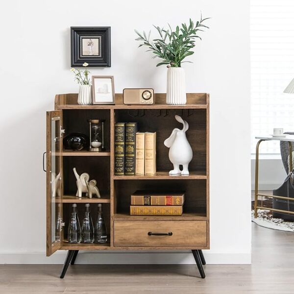 "COSTWAY Wine Storage Cabinet - Bar Buffet Cabinet with 3-Row Wineglass Holder - Removable Wine Rack - Tempered Glass Door & Anti-Tipping Kit - Kitchen Sideboard for Dining Room & Living Room - Rustic Brown" 3
