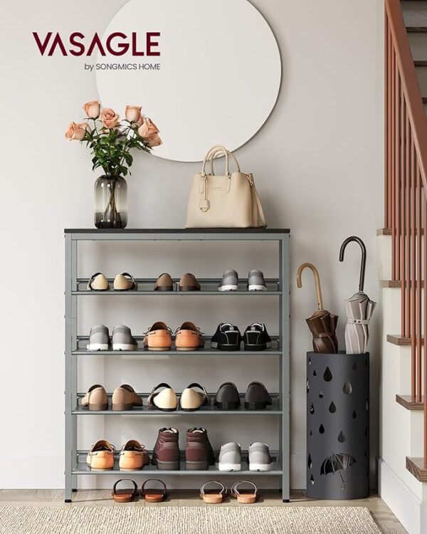 "VASAGLE Shoe Rack for Entryway - 5 Tier Shoe Storage Shelves, 16-20 Pairs Shoe Organizer, with Sturdy Wooden Top and Steel Frame, Free Standing, Industrial Style, Black and Silver ULBS038E22" 4