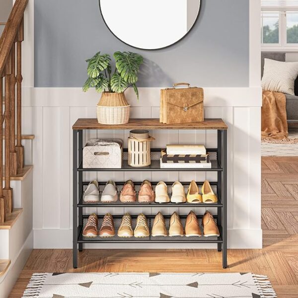"HOOBRO Industrial Shoe Rack, 4-Tier Shoe Shelf Storage Organizer Unit with 3 Mesh Shelves, Wood Look Accent Furniture with Metal Frame, for Entryway, Living Room, Hallway" 3