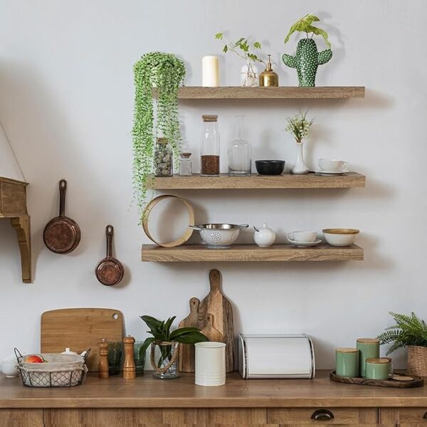Solid Wood Floating Shelves Set of 3 - Rustic Farmhouse Design, Bathroom and Office Decor - Light Brown Shelf with Invisible Brackets 3