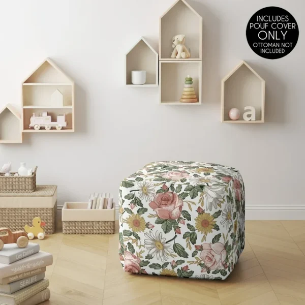 Vintage Floral Pink and Green Ottoman Pouf Cover for Girls | Sweet Jojo Designs 3