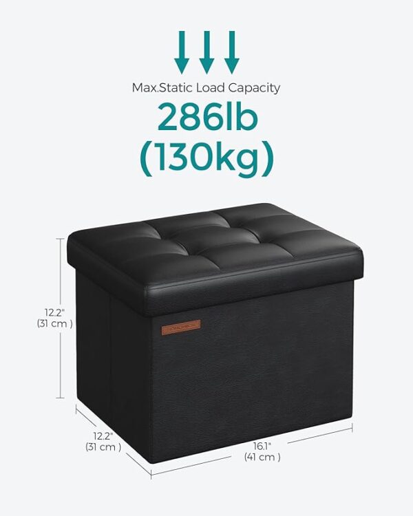 SONGMICS Small Folding Storage Ottoman - Foot Rest Stool, Cube Footrest, Synthetic Leather, 12.2 x 16.1 x 12.2 Inches, 286 lb Capacity, for Living Room, Bedroom, Dorm - Ink Black (ULSF100B01) 3