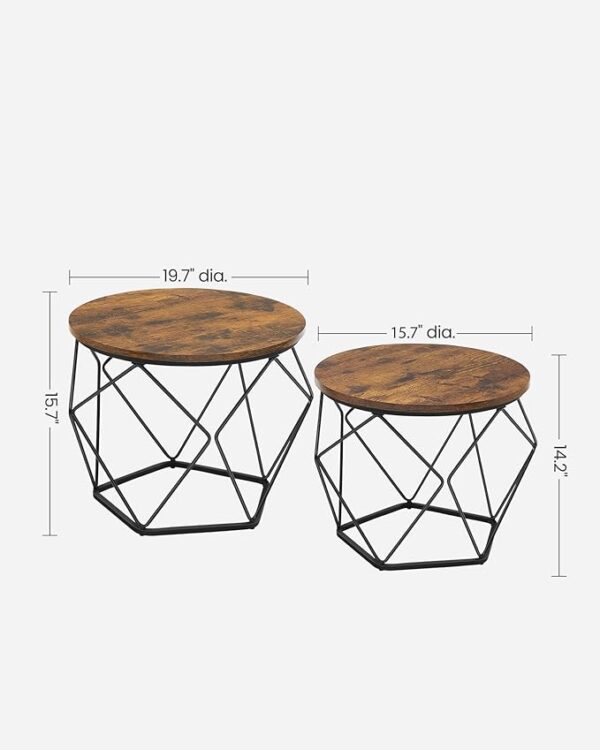 VASAGLE Set of 2 Small Round Coffee Tables - Steel Frame Side End Tables for Living Room, Bedroom, Office - Rustic Brown and Black 3