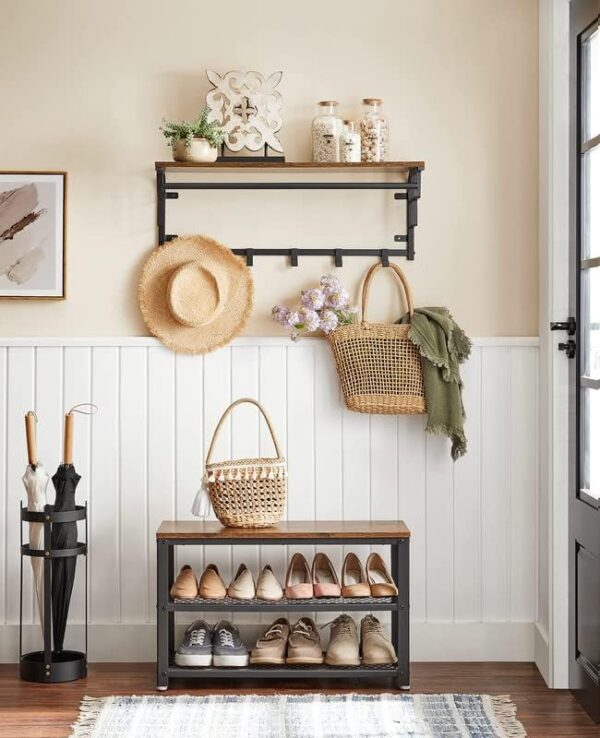 VASAGLE 3-Tier Shelf Storage Bench - 11.8 x 28.7 x 17.7 Inches Free Standing Shoe Organizer with Metal Mesh Shelves and Seat for Entryway, Rustic Brown + Black 3