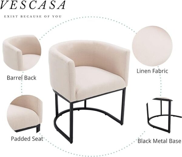 "VESCASA Linen Upholstered Dining Chair with Barrel Back - Mid Century Modern Restaurant Padded Chair with Black Metal Frame for Kitchen, Dining Room, 1PK, Cream" 4