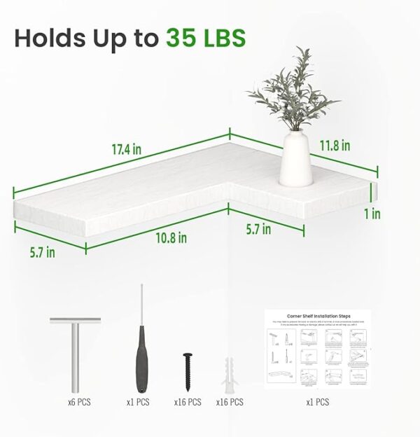 NATURE'S SOURCE Corner Floating Shelves Set of 3 - Wall Mounted, Invisible Brackets, Modern Style 17" x 6", for Bedroom Bathroom Kitchen Living Room Office (White) 4
