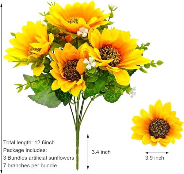 Guagb Artificial Sunflowers Bouquet - 3 Pack Silk Faux Fake Sunflowers with Stem for Home Outdoor Indoor Wedding Kitchen Centerpieces Table Decoration 4