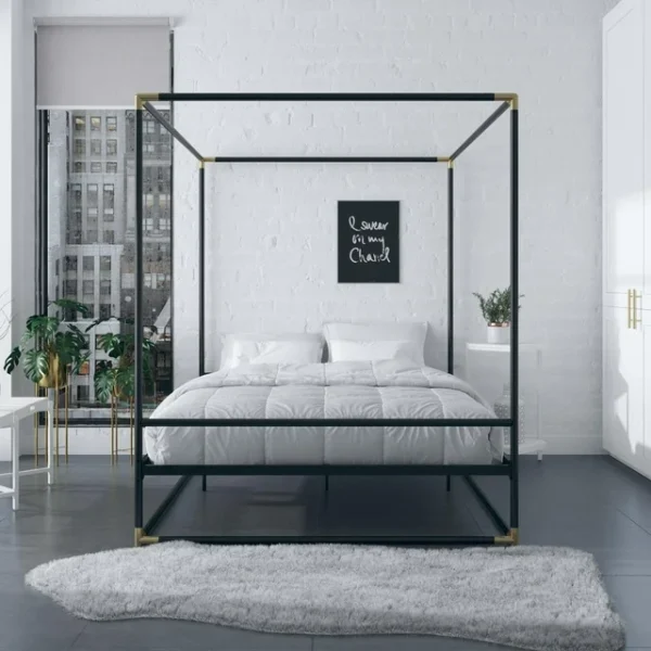CosmoLiving Celeste Canopy Metal Bed - Full Size Frame, Black/Gold 4