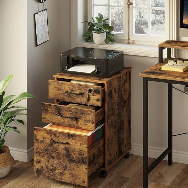 Rolanstar 3-Drawer File Cabinet, Rolling Mobile Filing Cabinet with Lock, Under Desk File Cabinet with 5 Wheels and Hanging File Folders, for Letter Sized Documents, Rustic Brown 4