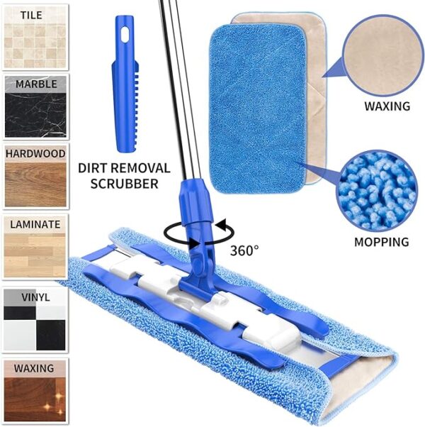 MR.SIGA Professional Microfiber Mop for Hardwood, Laminate, Tile Floor Cleaning - Stainless Steel Handle with 3 Reusable Flat Mop Pads and 1 Dirt Removal Scrubber Included 4