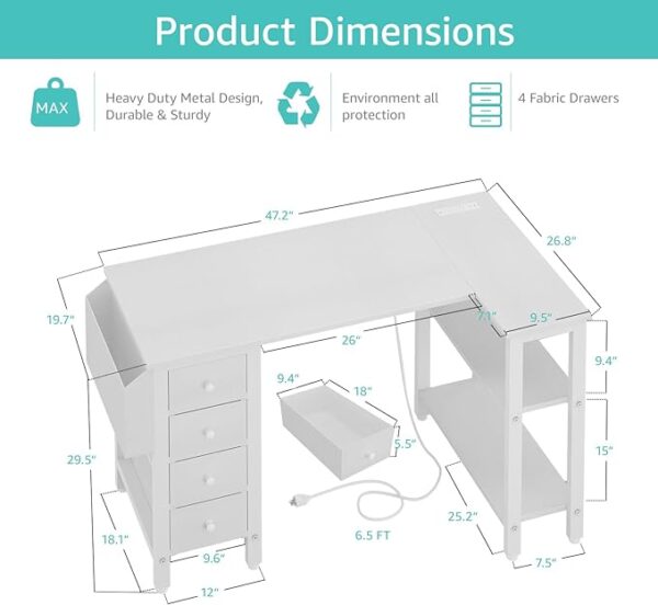 Lufeiya White L-Shaped Computer Desk with Drawers, Storage Shelves, and Power Outlet - 47 Inch Corner Desk for Home Office Bedroom - Teen PC Desks with Fabric Drawer 4
