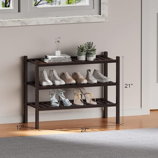 "ROMGUAR CRAFT 3 Tier (Thick) Bamboo Shoe Rack for Closet Free Standing Wood Shoe Shelf for Entryway Small Space Stackable 27"x12"x21" (Black Brown)" 4