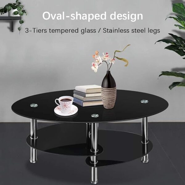 Nidouillet 3 Tier Tempered Glass Table with Glass Shelves and Stainless Steel Legs, Oval-Shaped Coffee Table Living Room Home Furniture 35.4" x 19.7" x 17.7" (L x W x H) - Black AB026" 4