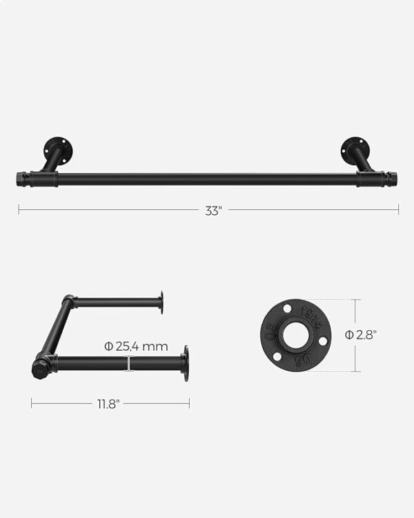 "SONGMICS 2 Pack Clothes Rack Wall-Mounted - Industrial Pipe Clothing Rack, Space-Saving Garment Rack, 11.8 x 33 x 2.8 Inches, 132 lb Capacity for Each Hanging Rod, Steel, Black, Model UHSR140B02" 4