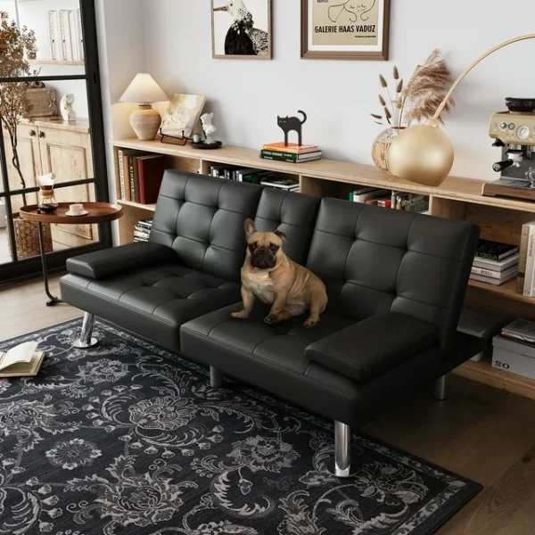 "Linsy Home Convertible Upholstered Faux Leather Futon Couch in Black" 4