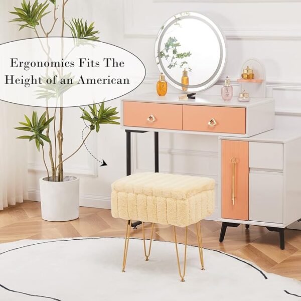 3 Wimarsbon Faux Mink Fur Storage Ottoman - Modern Soft Footstool with Metal Legs - Vanity Seat, Storage Bench, Ottoman Coffee Table, Makeup Chair for Bedroom - Yellow
