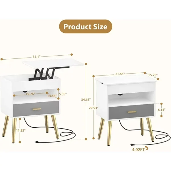 "Homieasy Nightstands with Charging Station and USB ports, 35'' Large End Table with LED Lights, Modern Bedside Table with Drawer, Sofa Table Night Stands with Lift Top for Bedroom, Living Room, White" 4