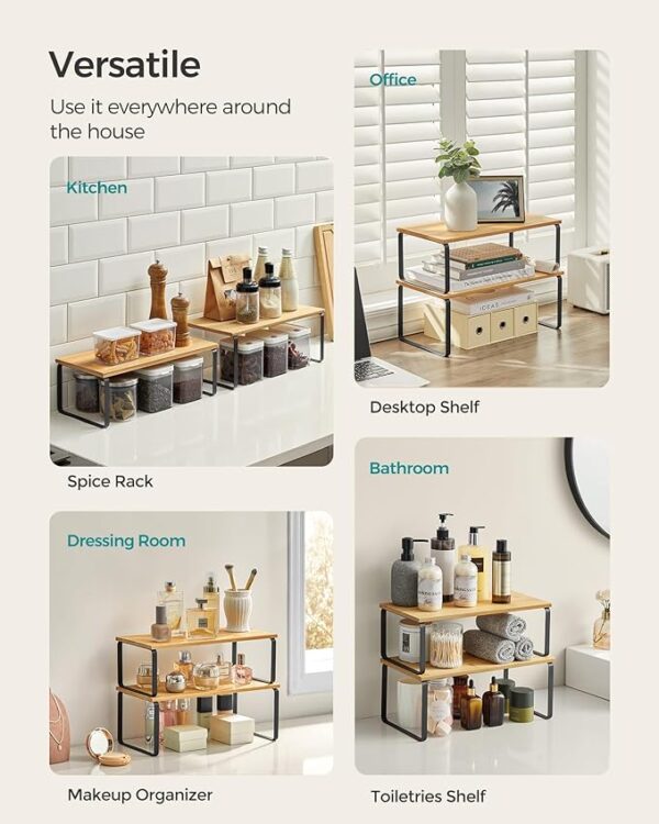 "SONGMICS Spice Rack - Cabinet Organizer Shelf - Set of 4 Kitchen Counter Shelves - Kitchen Storage - Stackable - Expandable - Metal and Engineered Wood - Black and Natural UKCS210B01" 4