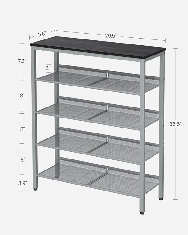"VASAGLE Shoe Rack for Entryway - 5 Tier Shoe Storage Shelves, 16-20 Pairs Shoe Organizer, with Sturdy Wooden Top and Steel Frame, Free Standing, Industrial Style, Black and Silver ULBS038E22" 2