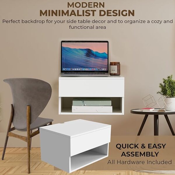 "Wall Mounted Floating Night Stand - Wall Mounted Floating Nightstand with Drawer for Dorm & Bedroom, Natural Wood Bedside Shelf & Desk, Storage Table with Soft Close Rails, Shelf for Decor" 4