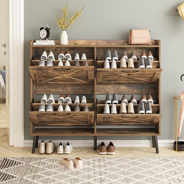 "Maupvit Large Shoe Cabinet with 4 Flip Drawers - Entryway Freestanding Shoe Organizer with Metal Drawer Bracket, Narrow Shoe Rack Cabinet, 5 Sturdy Legs, Rustic Brown" 4