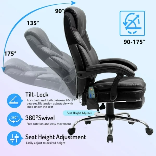 "Massage Office Chair - Reclining with Footrest - Ergonomic Design with Lumbar Support - High Back Executive Style - Height and Armrest Adjustable - 300lb Capacity" 4