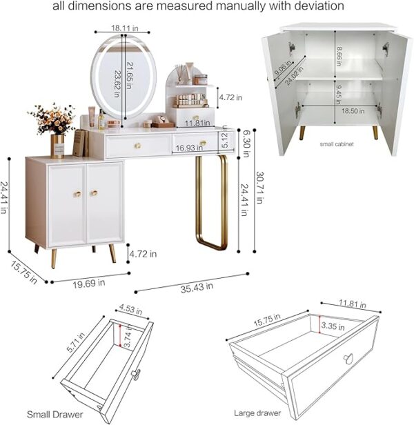 Modern Vanity Table with LED Mirror and 2 Spacious Drawers | Makeup Vanity Desk with Cabinet | Bedroom Essential for Girls and Women - White 4