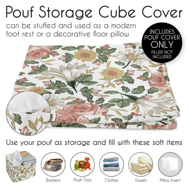 Vintage Floral Pink and Green Ottoman Pouf Cover for Girls | Sweet Jojo Designs 4