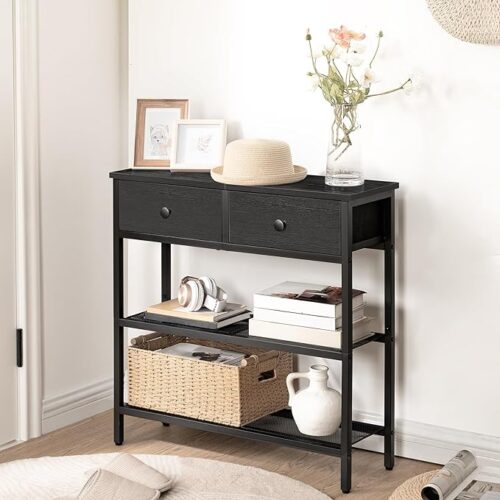 3 HOOBRO 29.5" Narrow Console Table with 2 Fabric Drawers - Small Entryway Table with 3-Tier Storage Shelves, Thin Sofa Table for Living Room, Hallway - Black (BB72XG01)