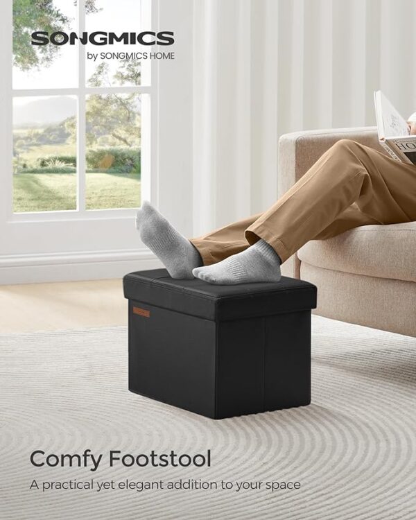 SONGMICS Small Folding Storage Ottoman - Foot Rest Stool, Cube Footrest, Synthetic Leather, 12.2 x 16.1 x 12.2 Inches, 286 lb Capacity, for Living Room, Bedroom, Dorm - Ink Black (ULSF100B01) 4