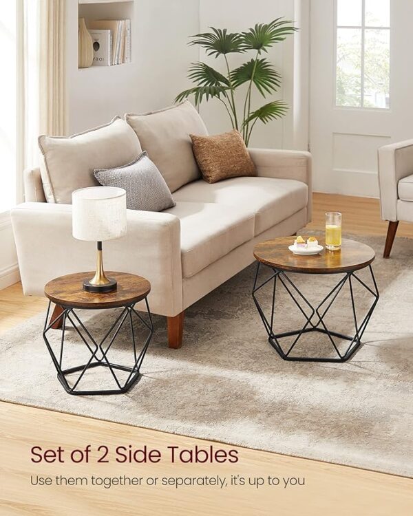VASAGLE Set of 2 Small Round Coffee Tables - Steel Frame Side End Tables for Living Room, Bedroom, Office - Rustic Brown and Black 4