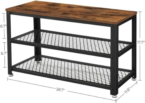 VASAGLE 3-Tier Shelf Storage Bench - 11.8 x 28.7 x 17.7 Inches Free Standing Shoe Organizer with Metal Mesh Shelves and Seat for Entryway, Rustic Brown + Black 4
