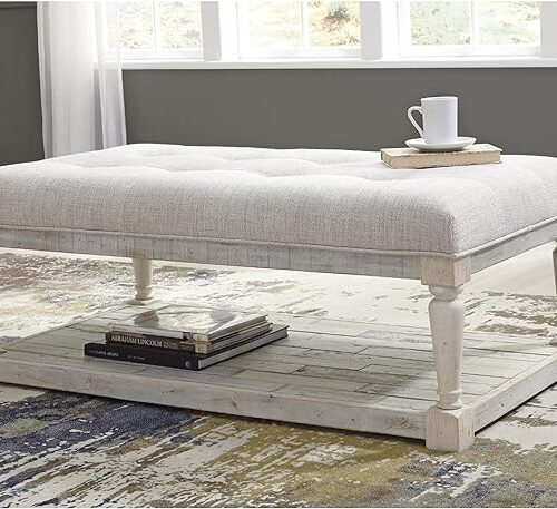 Ashley Shawnalore Farmhouse Ottoman Coffee Table - Upholstered Solid Wood in Whitewash Finish for Timeless Style
