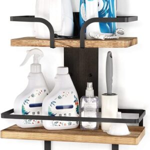 VINAEMO Wall-Mounted Ironing Board Hanger - 2-Layer Organizer with Iron and Ironing Board Holder, Solid Wood Shelves, Removable Hooks for Efficient Laundry Room Home Organization and Storage