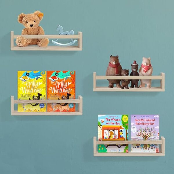 NANANARDOSO Nursery Room Shelves Wall Mounted - Set of 4 Natural Wood Floating Book Shelves for Kids Bedroom, Baby Nursery Décor, Kid Bookshelf Organizer for Bathroom Decor - Floating Bookshelf, White 1