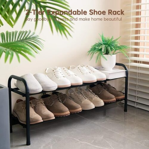 Gonfoam 2-Tier Expandable Shoe Rack - Adjustable Shoe Shelf Storage Organizer with Heavy-Duty Metal Construction - Free Standing Shoe Rack for Entryway, Closet, Doorway - Stylish Black Finish