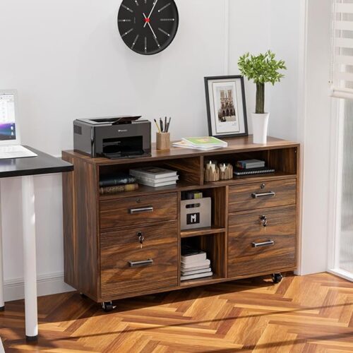 VINGLI Wide 4-Drawer File Cabinet with Lock - Wood Lateral File Cabinet and Open Shelves, Lockable Rolling File Cabinet for Home Office Organization, Dark Brown Printer Stand - Letter Sized Storage