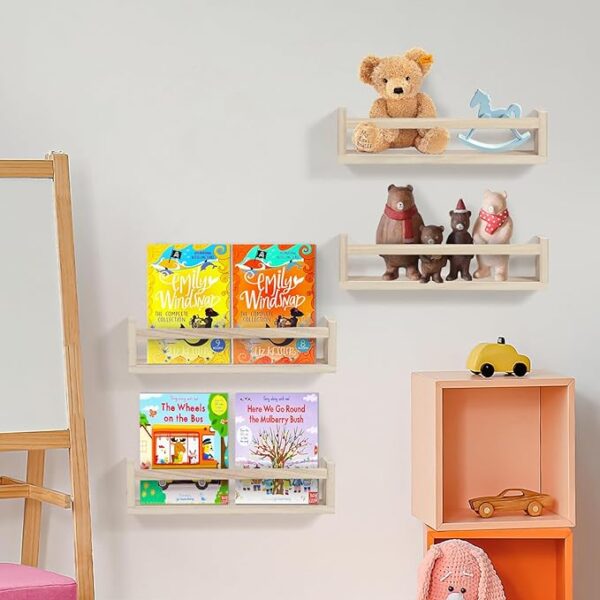 NANANARDOSO Nursery Room Shelves Wall Mounted - Set of 4 Natural Wood Floating Book Shelves for Kids Bedroom, Baby Nursery Décor, Kid Bookshelf Organizer for Bathroom Decor - Floating Bookshelf, White 2