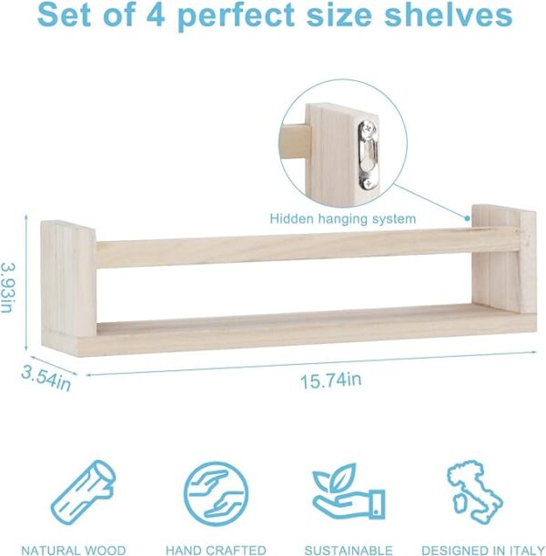 NANANARDOSO Nursery Room Shelves Wall Mounted - Set of 4 Natural Wood Floating Book Shelves for Kids Bedroom, Baby Nursery Décor, Kid Bookshelf Organizer for Bathroom Decor - Floating Bookshelf, White 4