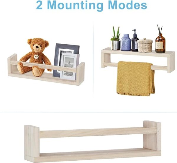 NANANARDOSO Nursery Room Shelves Wall Mounted - Set of 4 Natural Wood Floating Book Shelves for Kids Bedroom, Baby Nursery Décor, Kid Bookshelf Organizer for Bathroom Decor - Floating Bookshelf, White 3