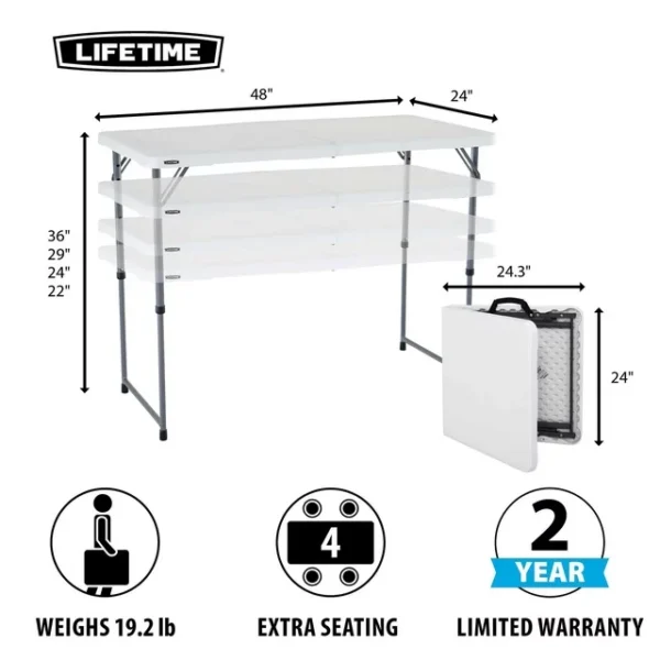 Lifetime 4 ft. Rectangle Fold-in-Half Adjustable Table - Indoor/Outdoor Residential, White (4428) 2