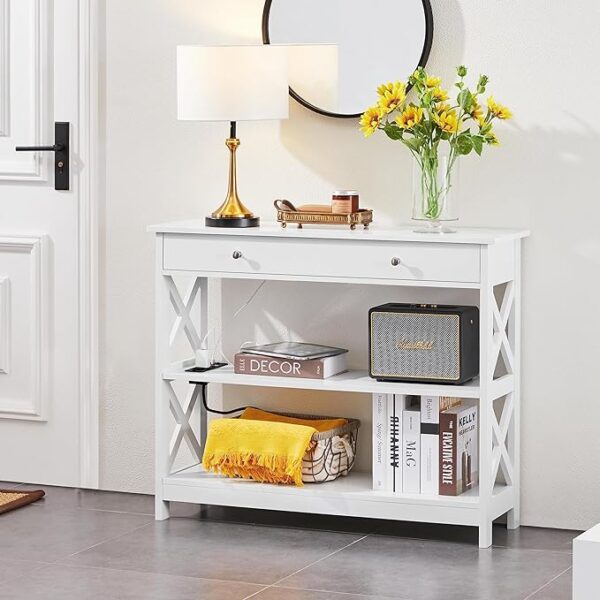 Topeakmart Console Table with Drawer - 39.5" Entryway Table, Storage Shelves, USB Ports & Outlets - Narrow Long Sofa Table, 3-Tier Entry Table for Living Room, Hallway, Foyer in Elegant White Finish. 1