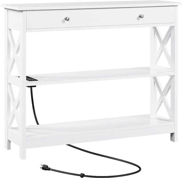 Topeakmart Console Table with Drawer - 39.5" Entryway Table, Storage Shelves, USB Ports & Outlets - Narrow Long Sofa Table, 3-Tier Entry Table for Living Room, Hallway, Foyer in Elegant White Finish. 2