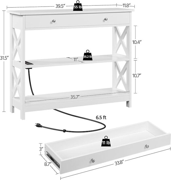 Topeakmart Console Table with Drawer - 39.5" Entryway Table, Storage Shelves, USB Ports & Outlets - Narrow Long Sofa Table, 3-Tier Entry Table for Living Room, Hallway, Foyer in Elegant White Finish. 3