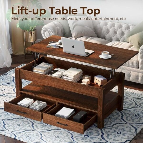 Rolanstar Lift Top Coffee Table - Central Table with Drawers, Hidden Compartment, and Retro Wooden Lift Tabletop for Stylish Living Room Decor in Espresso Finish. 1