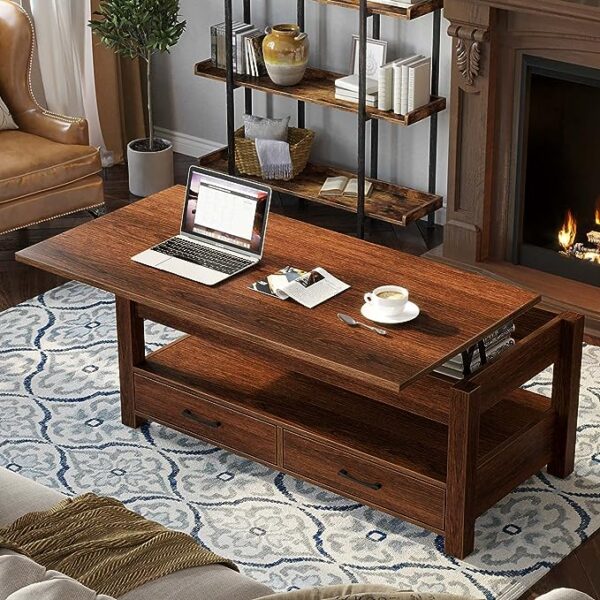 Rolanstar Lift Top Coffee Table - Central Table with Drawers, Hidden Compartment, and Retro Wooden Lift Tabletop for Stylish Living Room Decor in Espresso Finish. 2