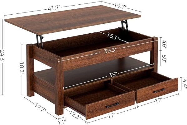 Rolanstar Lift Top Coffee Table - Central Table with Drawers, Hidden Compartment, and Retro Wooden Lift Tabletop for Stylish Living Room Decor in Espresso Finish. 3