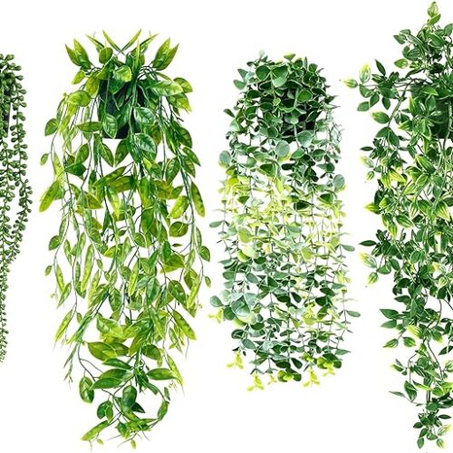 Artificial Hanging Plants for Shelf - 4 Pack Fake Potted Greenery including Faux Eucalyptus Vine, Mandala Vine, String of Pearls, and Pea Pod Leaves in Pot - Ideal for Office, Living Room, Bathroom, Indoor/Outdoor Décor